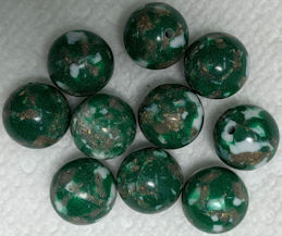 #BEADS0154 - Group of 12 Early Plastic Green and White Beads with a Speckled Pattern and Goldstone Flecks