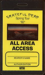 ##MUSICBP0259  - Scarce Yellow 1982 Grateful Dead All Area Access OTTO Laminated 1982 Spring Tour Backstage Pass