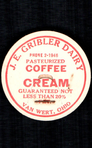 #DC258 - J. E. Gribler Dairy Pasteurized Coffee Cream Bottle Cap - Van Wert, Ohio
