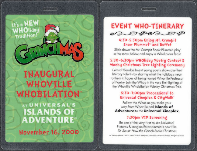 ##MUSICBP1501 - Rare Laminated OTTO Pass for the Universal Theme Park "Grinchmas" film pre-release