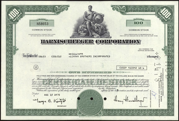 #ZZStock056 - Harnischfeger Corporation Stock Certificate