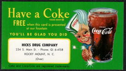 #CC462 - 1950s Redemption Card for a Free Fountain Coke at the Hicks Drug Store
