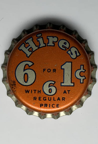 #BF242 - Group of 6 Rare Cork Lined Hires 6 for 1¢ Root Beer Bottle Caps