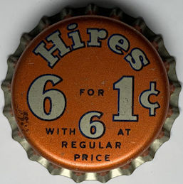 #BF242 - Group of 6 Rare Cork Lined Hires 6 for 1¢ Root Beer Bottle Caps