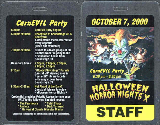 ##MUSICBP1652 - Laminated OTTO Staff Pass from the Universal Studios Tenth Annual Halloween Horror Nights Event