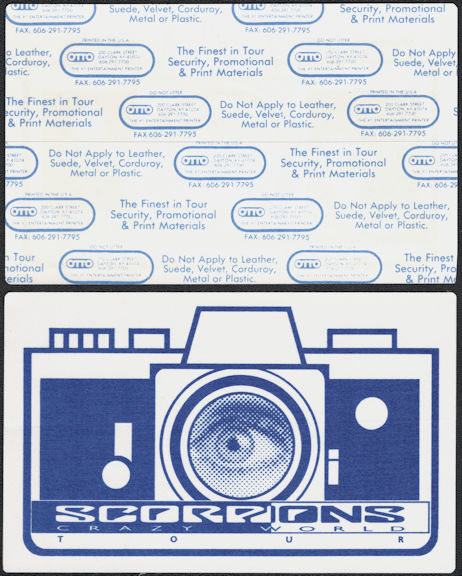 ##MUSICBP0719  - Huge Scorpions OTTO Cloth Backstage Photo Pass from the 1990 Crazy World Tour