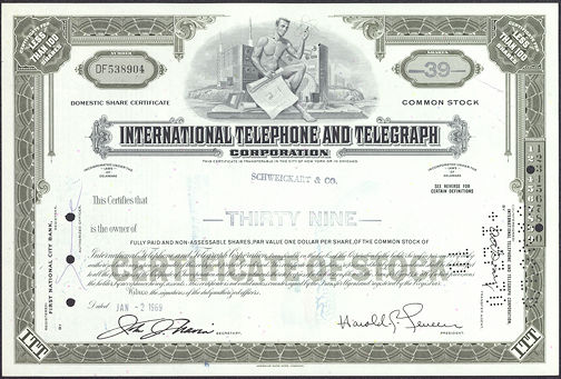 #ZZStock035 - Stock Certificate from the International Telephone and Telegraph Corporation