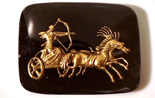 #BEADS0548 - Large 28mm Black and Gold Intaglio Featuring a Charioteer with a Bow and Arrow - As low as $1 each