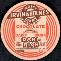 #DC260 - Irvin & Holmes Jersey Dairy Chocolate Dairy Drink Milk Bottle Cap - Gratiot, Ohio