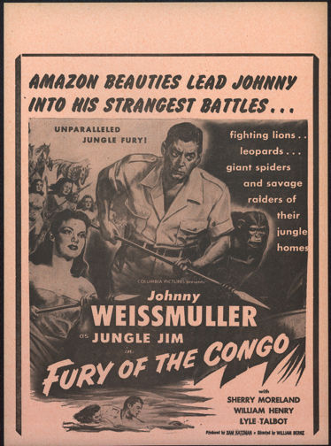 #CH326-04  - Rare 1951 "Fury of the Congo" Johnny Weissmuller as Jungle Jim Movie Broadside/Poster