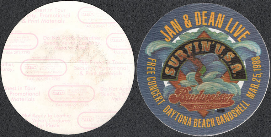 ##MUSICBP0868 - Super Rare Jan & Dean OTTO Cloth Promotional Backstage Pass from the Concert at the Daytona Beach Bandshell