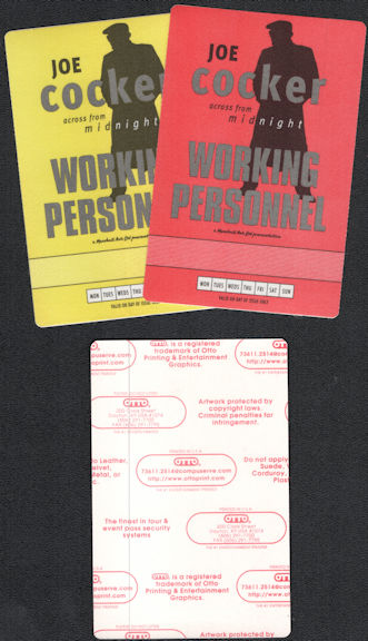 ##MUSICBP0623  - Two Different Colored 1997 Joe Cocker Across from Midnight Tour OTTO Cloth Working Personnel Backstage Passes