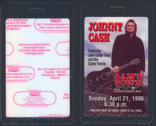 ##MUSICBP0162 - Johnny Cash Laminated OTTO Backstage Pass for his Concert at Sam's Town Casino in 1996
