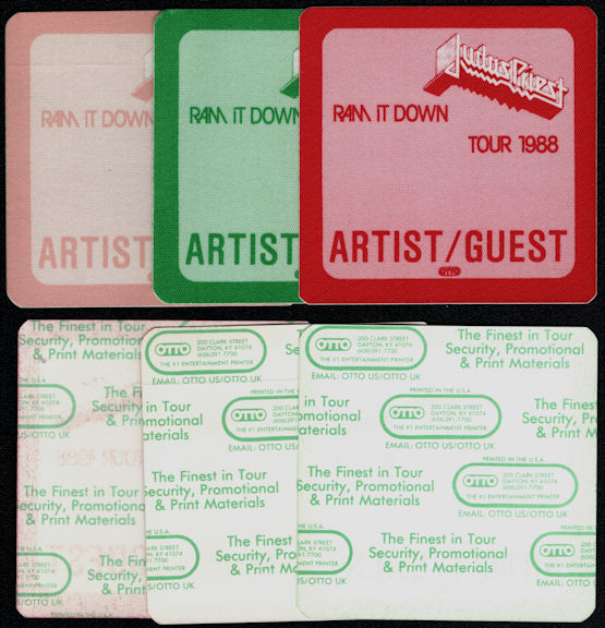 ##MUSICBP0755 - Group of 3 Differently Colored Cloth Judas Priest Artist/Guest OTTO Cloth Backstage Passes from the 1988 Ram it Down Tour