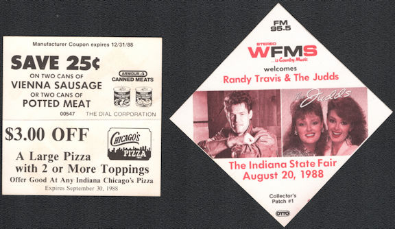 ##MUSICBP0853 - WFMS Radio Promo Pass for the Judds and Randy Travis Concert on August 20,1988 - Indiana State Fair