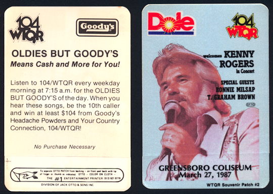 ##MUSICBP0120 - Kenny Rogers OTTO Cloth Radio Pass for 1987 Concert at Greensboro Coliseum - Radio 104 WTQR