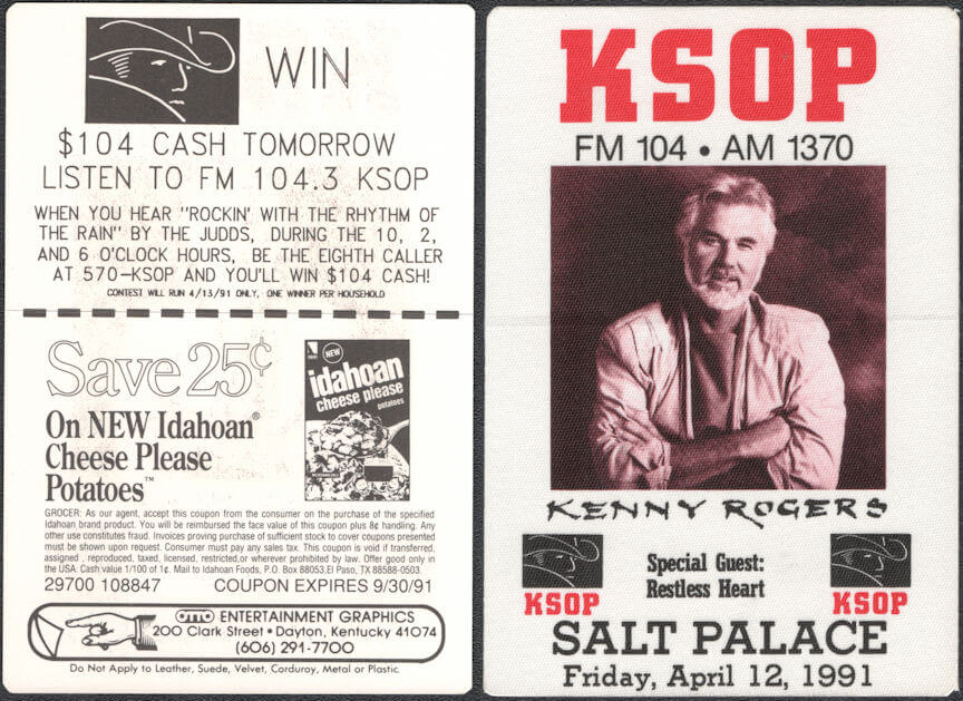 ##MUSICBP0918 - Kenny Rogers OTTO Cloth Backstage Radio Pass from his Concert at the Salt Palace