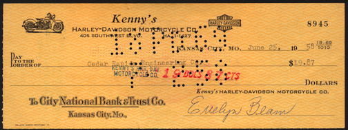 #UPaper170  - Check from Kenny's Harley-Davidson Motorcycle Co. - Pictures a Harley Panhead Motorcycle