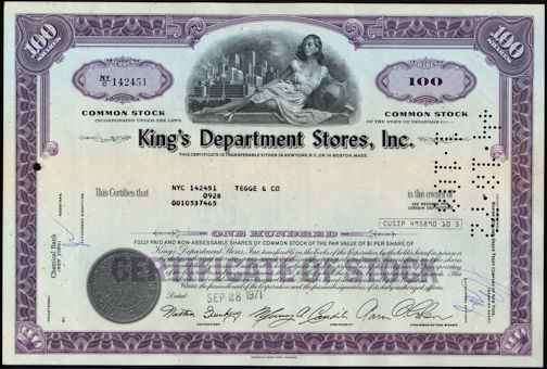 #ZZCE067 - King's Department Stores, Inc. Stock Certificate