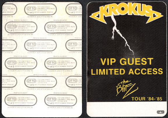 ##MUSICBP0032  - 1984/85 Krokus The Blitz Tour VIP/Guest OTTO Backstage Pass