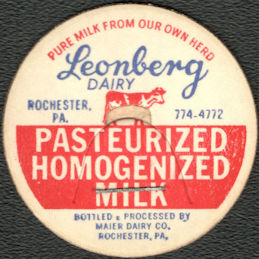 #DC232 - Leonberg Dairy Milk Bottle Cap from Rochester, PA - Pictures Cow