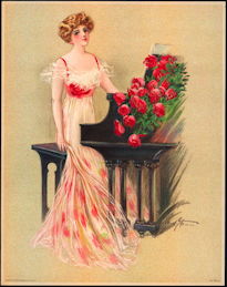 #MS154 - 1909 Victorian Print - Lady at the Piano with Red Roses