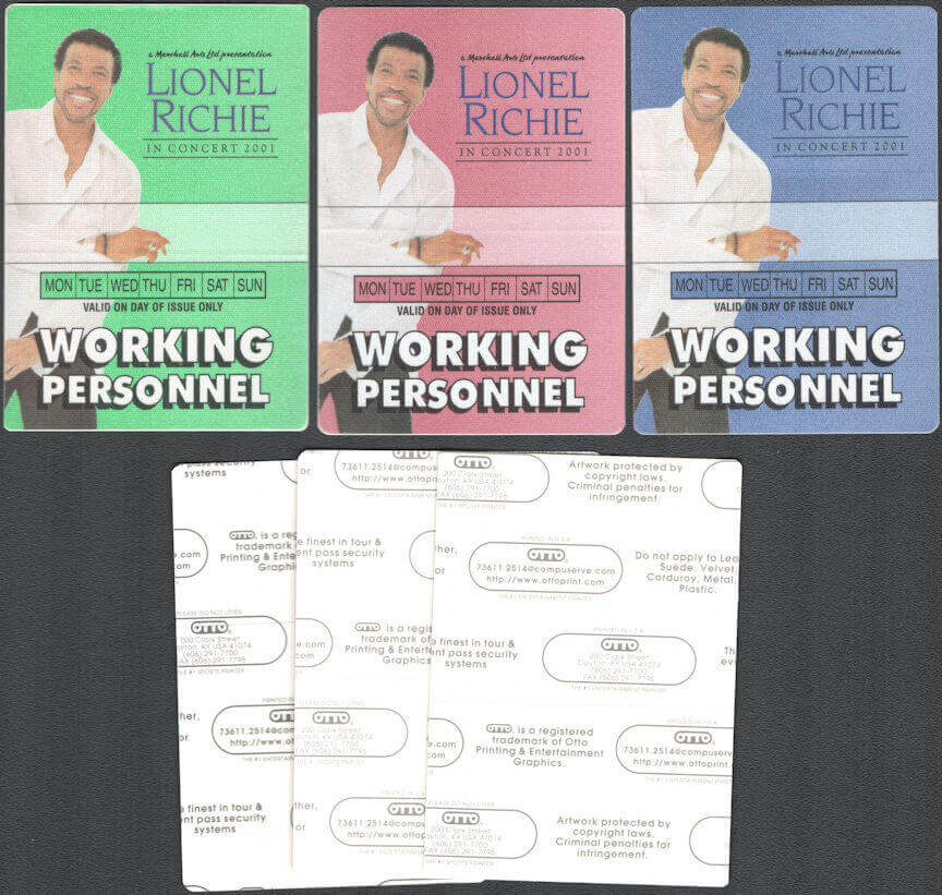 ##MUSICBP0894 - Group of 3 Different Colored Lionel Richie OTTO Cloth Working Personnel Backstage Passes from the 2001 Tour