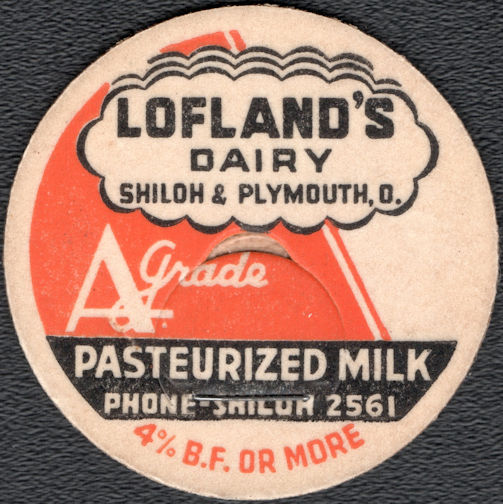 #DC245 - Lofland's Dairy Pasteurized Milk Bottle Cap - Shiloh & Portsmouth, Ohio