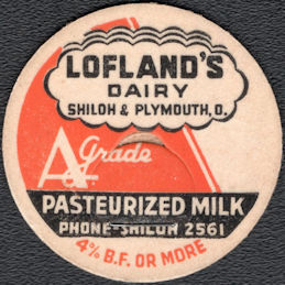 #DC245 - Lofland's Dairy Pasteurized Milk Bottle Cap - Shiloh & Portsmouth, Ohio