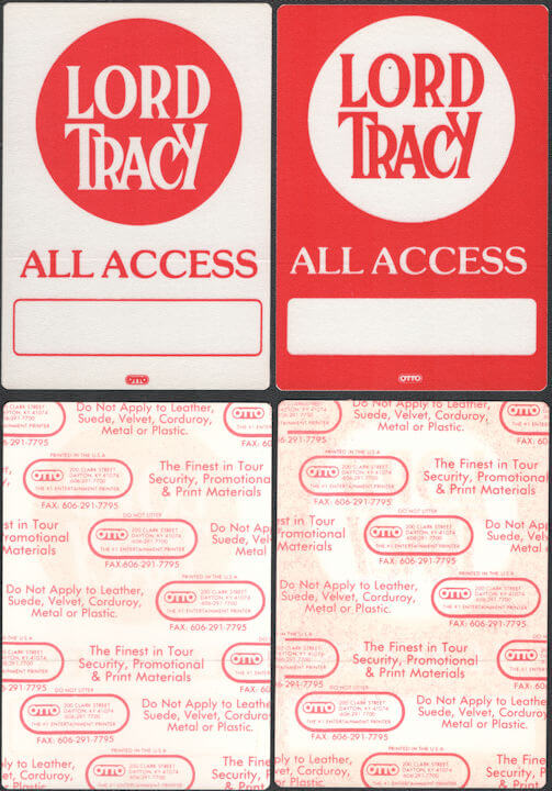 ##MUSICBP0921 - Two Different Colored Lord Tracy OTTO Cloth Backstage Passes from the Deaf Gods of Babylon Tour