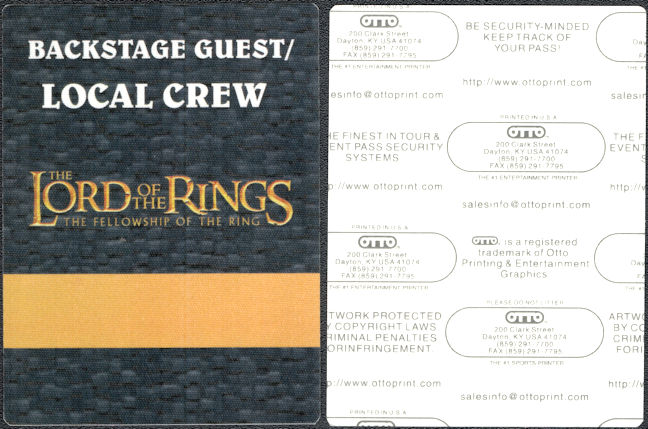 ##MUSICBP1503 -  Rare OTTO Cloth Backstage Pass for the Filming of The Lord of the RIngs - The Fellowship of the RIng