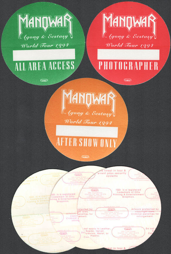 ##MUSICBP0891 - 3 Different Rare Manowar OTTO Cloth Backstage Passes from the Agony & Ecstasy Tour