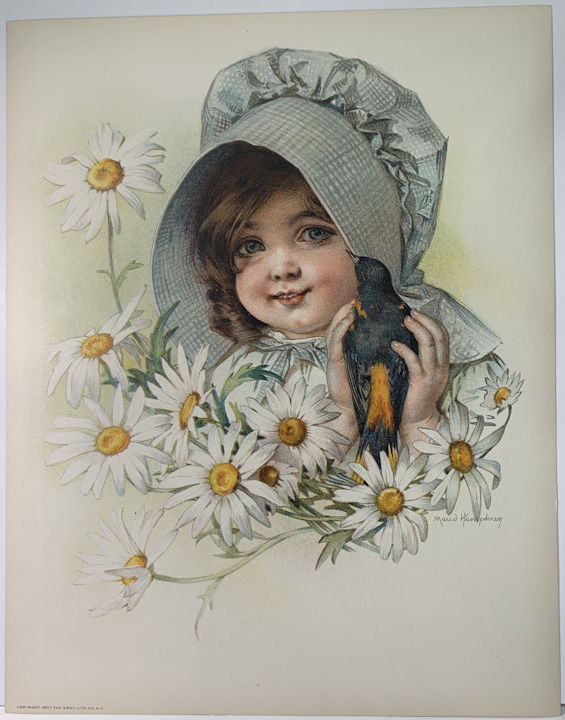 #MS332 - 1907 Victorian Print - Girl with Bird - Maud Humphrey