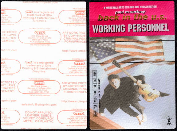 ##MUSICBP0515 - Paul McCartney Working Personnel Cloth OTTO Backstage Pass from the "Back in the U.S." Tour