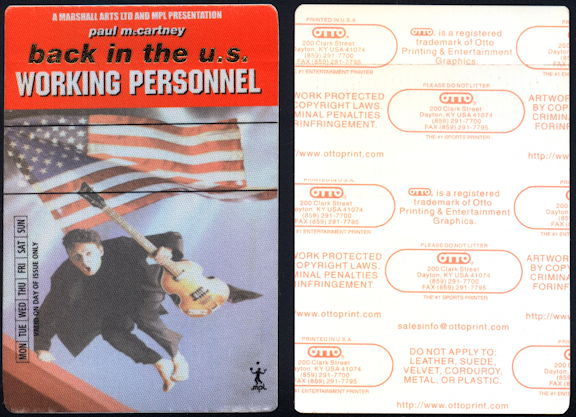 ##MUSICBP0391 - Paul McCartney Working Personnel OTTO Cloth Working Personnel Backstage Pass from the Driving USA Tour