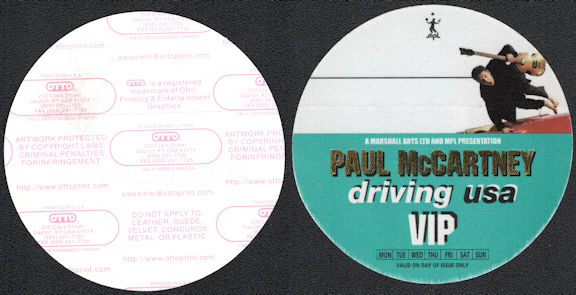 ##MUSICBP0199 - Paul McCartney OTTO Cloth VIP Backstage Pass from the 2002 Paul McCartney Driving USA Tour