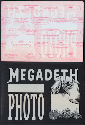 ##MUSICBP0296 - Pair of Rare Huge Oversized Megadeth OTTO Cloth Backstage Photo Passes from the 1999 Risk Tour