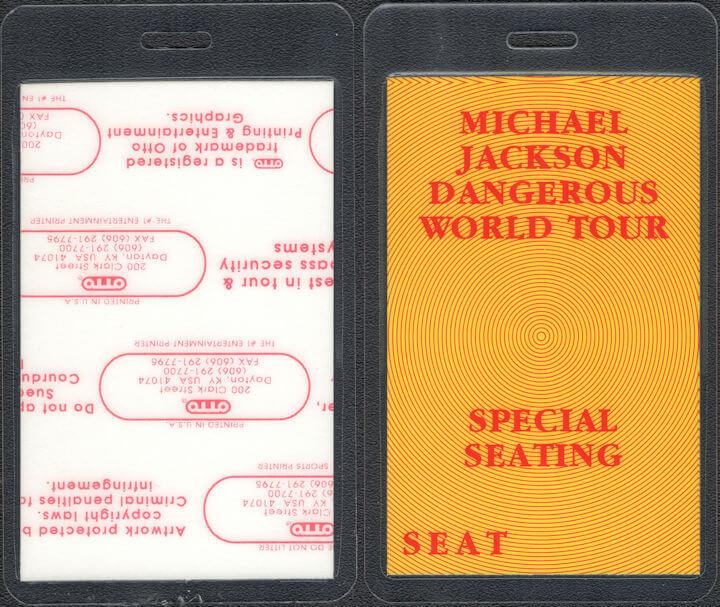 ##MUSICBP0872 - Michael Jackson OTTO Laminated Backstage Special Seating Pass from the 1992 Dangerous Tour