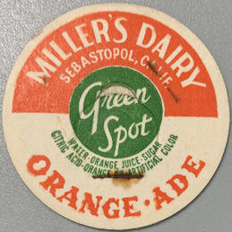 #DC292 - Miller's Dairy Green Spot Orange-Ade Bottle Cap - Sebastopol, CA