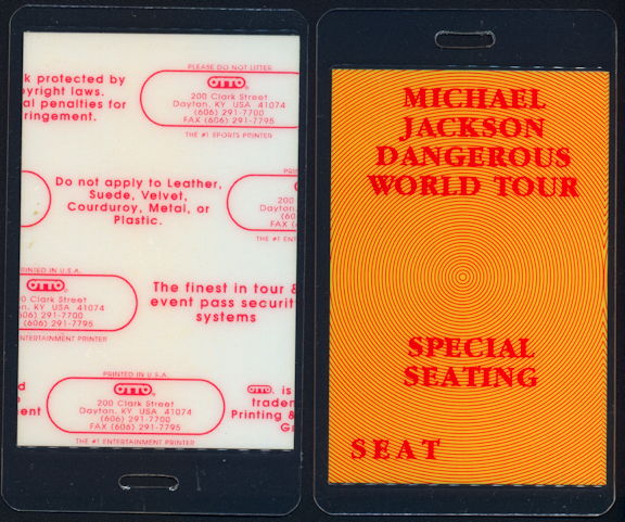 ##MUSICBP0424 - Michael Jackson Special Seating Laminated Backstage Pass from the 1992 Dangerous Tour