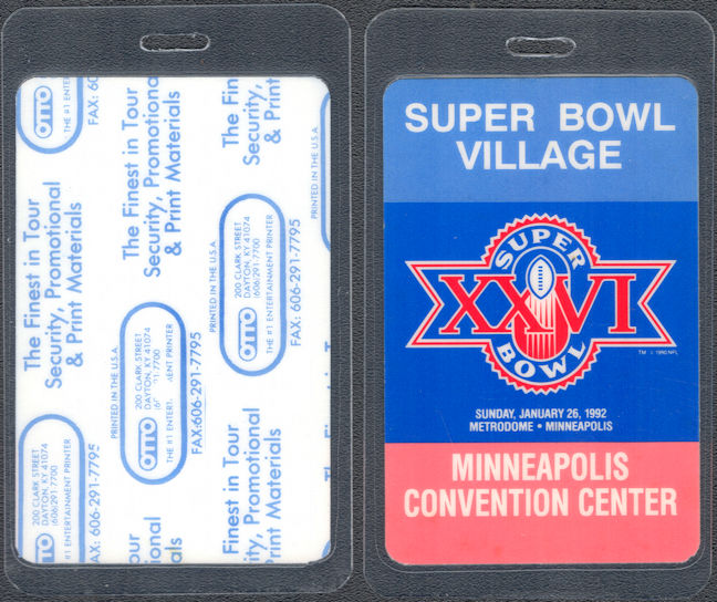 ##MUSICBP1488 - Numbered 1992 Super Bowl XXVl (26) Laminated Super Bowl Village OTTO Pass - Washington Redskins vs. Buffalo Bills