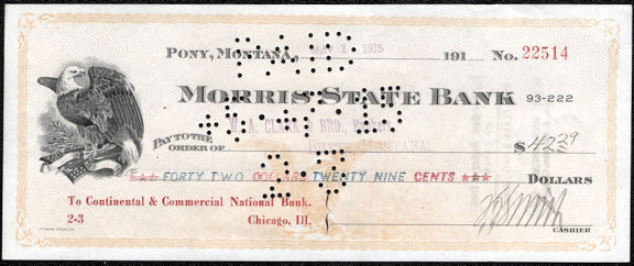 #UPaper217 - Morris State Bank Check from the 1910s - Pony, Montana