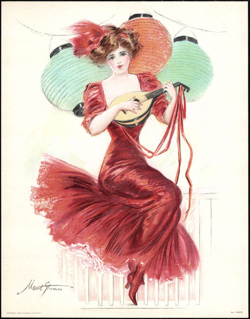 #MSPRINT151 - 1909 Victorian Print - Lady with Lanterns and Mandolin - Maud Strumm