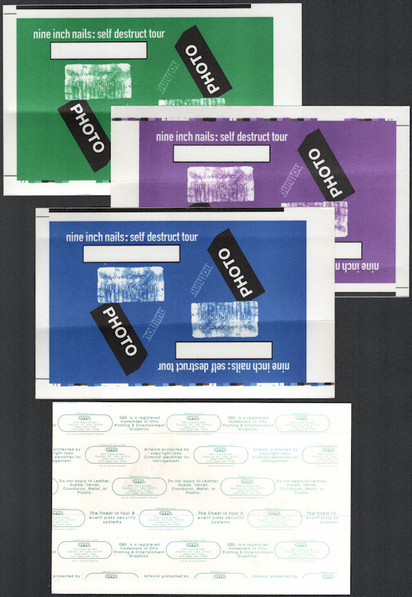 ##MUSICBQ0130 - Group of 3 Different Colored Large Uncut Sheets of NIN (Nine Inch Nails) OTTO cloth Backstage Passes from the 1994 Self Destruct Tour