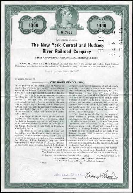 #ZZStock102 - The New York Central and Hudson River Railroad Company Bond Certificate