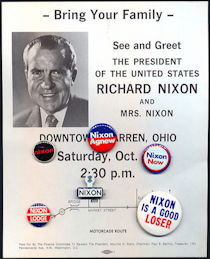 #PL336 - Six Nixon Pinbacks plus Flyer for Nixon's 1972 Campaign Visit to Warren, Ohio