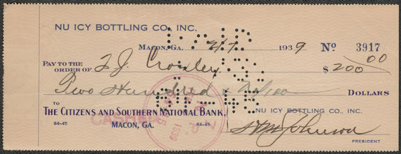 #SOZ130 - 1930s Nu Icy Bottling Company Check - Macon, GA