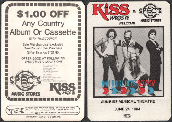 ##MUSICBP0661 - Oakridge Boys OTTO Cloth Radio Pass from the from the 1984 Concert at Sunrise Musical Theatre