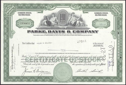 #ZZStock034 - Stock Certificate from Parke, Davis & Company