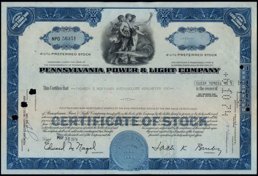 #ZZStock071 - Pennsylvania Power & Light Company Stock Certificate